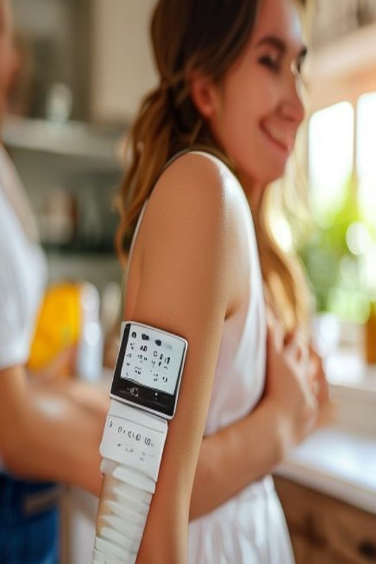 Woman wearing the MEND Pulse blood pressure monitor on her upper arm